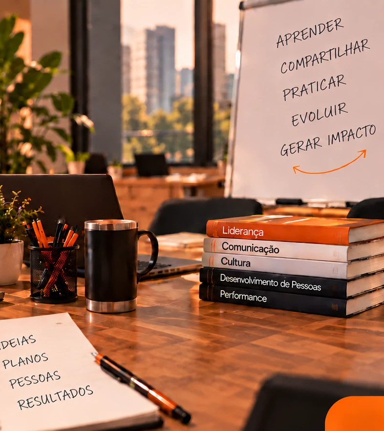 Ambiente de aprendizagem com caderno, livros e quadro de ideias
